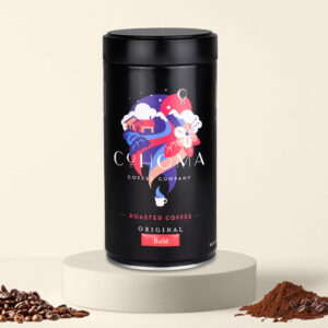 Cohoma Bold Roasted Coffee can front featuring a strong, rich flavor, packaged in a sleek black container.