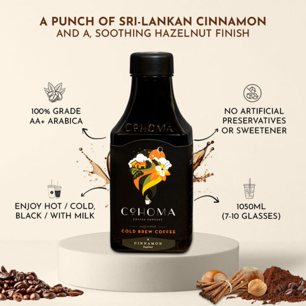 Cohoma Cinnamon Hazelnut Cold Brew Coffee bottle with Sri Lankan cinnamon and hazelnut flavor, AA+ grade Arabica, no artificial preservatives, and 1050ml capacity.