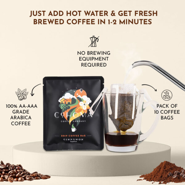 Cohoma Cinnamon Hazelnut Drip Coffee Bag with hot water being poured into a cup, illustrating the simple brewing process and aromatic coffee experience.