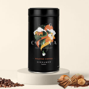 Cohoma Cinnamon Roasted Coffee can front featuring a blend with pure Sri Lankan cinnamon and a hint of hazelnut, packaged in a sleek black container.