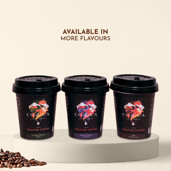 Cohoma assorted flavors on-the-go roasted coffee cups in Cinnamon Hazelnut, Original, and French Vanilla