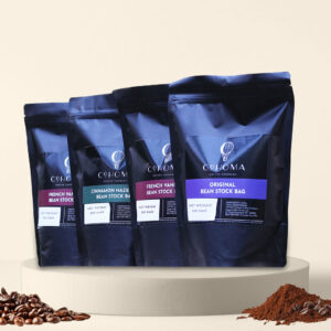 Cohoma Coffee bean stock bags in assorted flavors including French Vanilla, Cinnamon Hazelnut, and Original, displayed on a neutral background