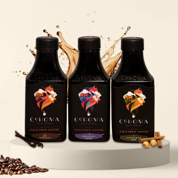 Cohoma Cold Brew Coffee trio featuring French Vanilla, Original, and Cinnamon flavors in ready-to-drink bottles.