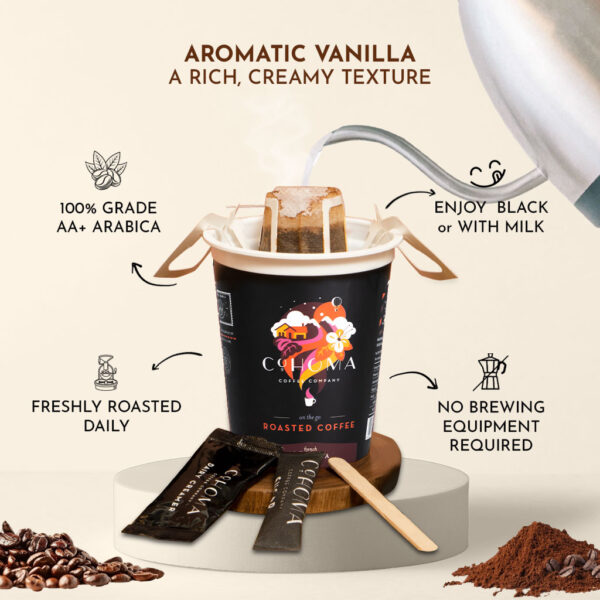 Brewing Cohoma French Vanilla on-the-go roasted coffee with no equipment required, featuring freshly roasted AA+ Arabica coffee