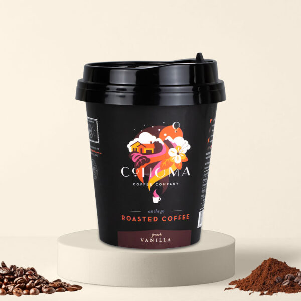 Cohoma French Vanilla on-the-go roasted coffee cup with freshly roasted AA+ Arabica coffee