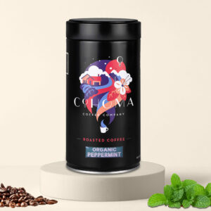 Cohoma Organic Peppermint Roasted Coffee can front showcasing a refreshing and cooling blend, packaged in a sleek black container with vibrant mint leaves.