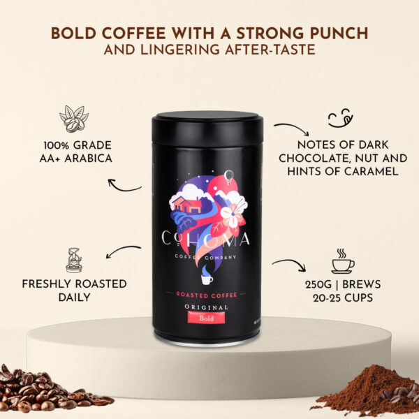 Cohoma Original Bold Coffee can with detailed product information, highlighting a strong punch with notes of dark chocolate, nut, and caramel.