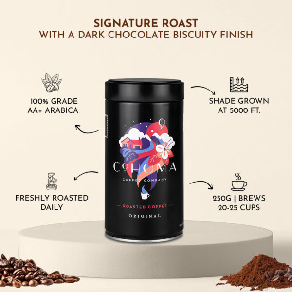 Cohoma Original Custom Roast Coffee can with detailed product information, showcasing a signature roast with a dark chocolate biscuity finish.