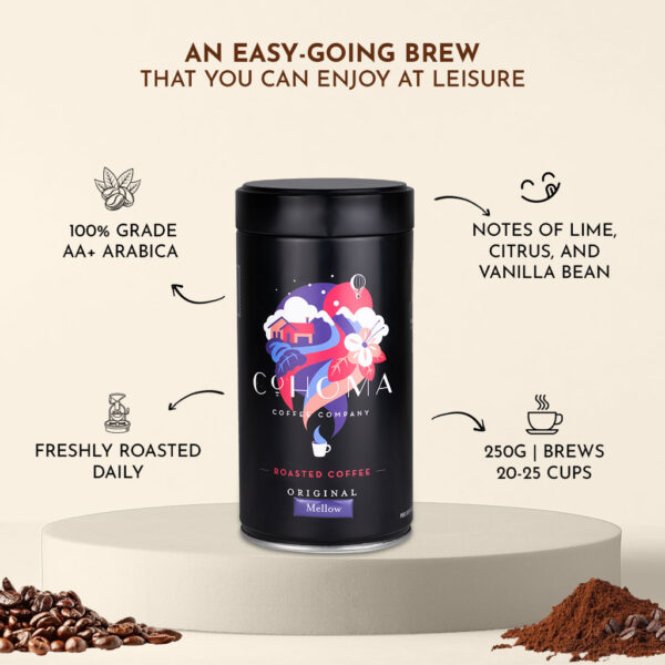 Cohoma Original Mellow Coffee can with detailed product information, featuring an easy-going brew with notes of lime, citrus, and vanilla bean.