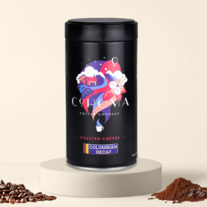 Cohoma Colombian Decaf roasted coffee can front, featuring premium decaffeinated coffee with 100% Colombian origin.