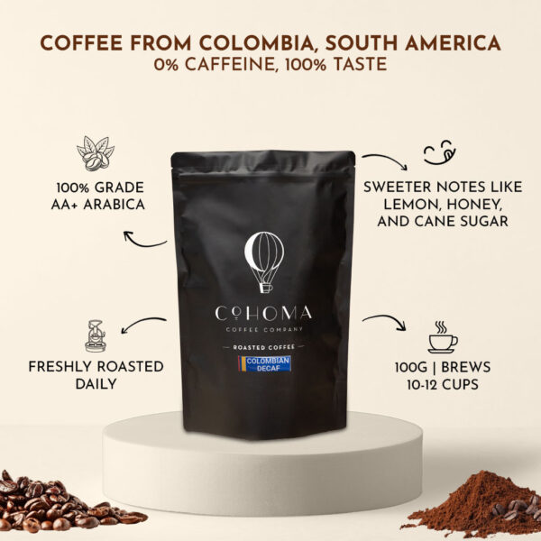 Cohoma Colombian Decaf Roasted Coffee pouch with 100% grade AA+ Arabica, offering sweet notes of lemon, honey, and cane sugar.