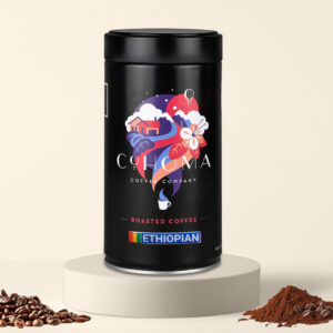 Front view of Cohoma Ethiopian Roasted Coffee can with a sleek black design and Ethiopian flag label, representing premium Ethiopian coffee.