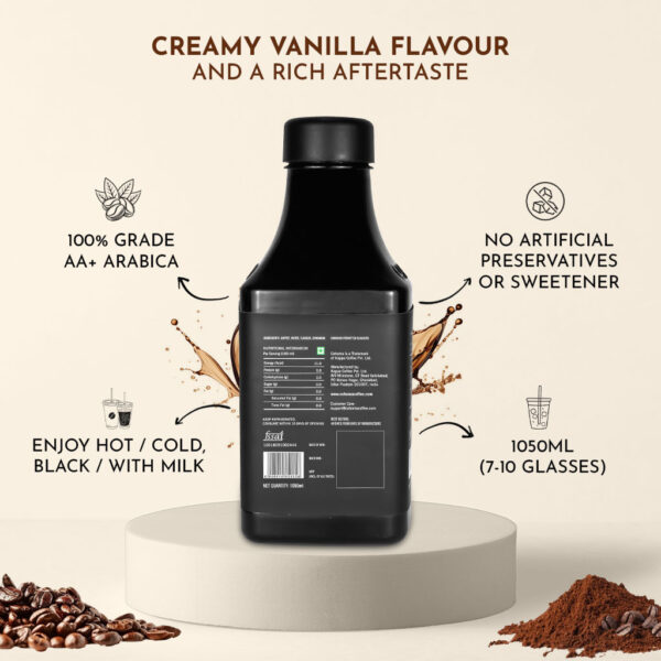 Back view of Cohoma French Vanilla Cold Brew Coffee bottle, highlighting AA+ grade Arabica beans, no artificial preservatives, and 1050ml size.