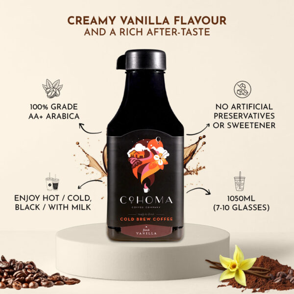 Cohoma French Vanilla Cold Brew Coffee bottle with creamy vanilla flavor, AA+ grade Arabica, no artificial preservatives, and 1050ml capacity.