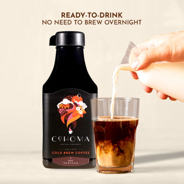 Cohoma French Vanilla Cold Brew Coffee with milk being poured into a glass, showcasing ready-to-drink cold brew without the need for overnight brewing.