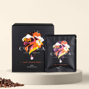 Cohoma French Vanilla Drip Coffee Bag with accompanying box, showcasing the vibrant packaging design with fresh coffee.