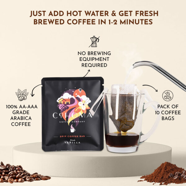 Cohoma French Vanilla Drip Coffee Bag with hot water being poured into a cup, illustrating the simple brewing process and aromatic coffee experience.