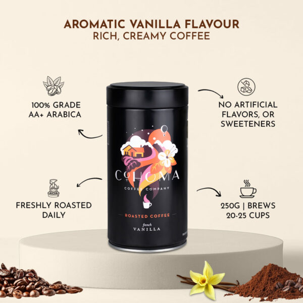 Cohoma French Vanilla Roasted Coffee can front featuring a rich, creamy coffee with aromatic vanilla flavor, packaged in a sleek black container.