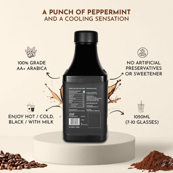 Back view of Cohoma Organic Peppermint Cold Brew Coffee bottle, highlighting AA+ grade Arabica beans, no artificial preservatives, and 1050ml size.