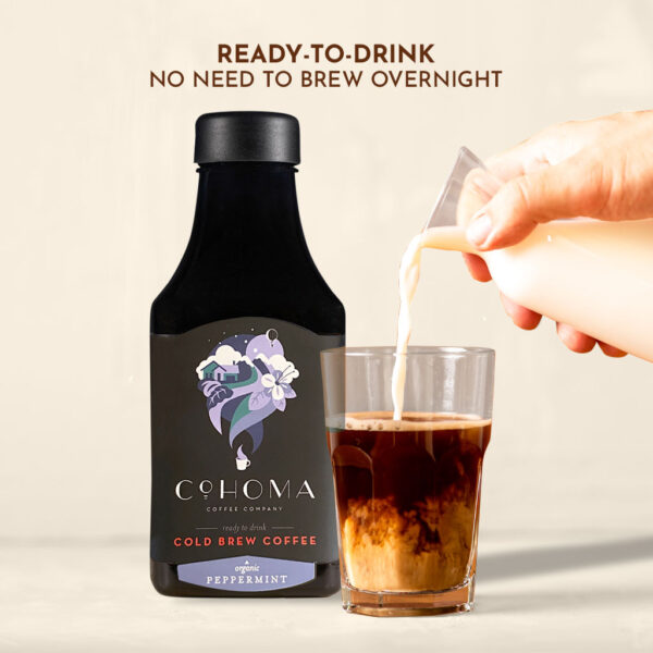 Cohoma Organic Peppermint Cold Brew Coffee with milk being poured into a glass, showcasing ready-to-drink cold brew without the need for overnight brewing.