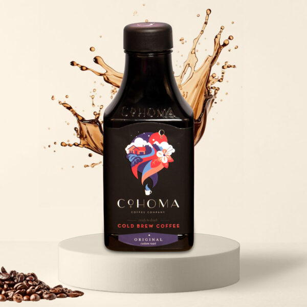 Cohoma Original Cold Brew Coffee bottle front with splashing coffee, featuring ready-to-drink cold brew with a bold, lingering taste.