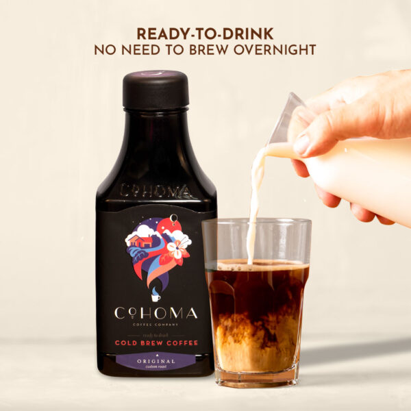 Cohoma Original Cold Brew Coffee with milk being poured into a glass, showcasing ready-to-drink cold brew with a bold taste.