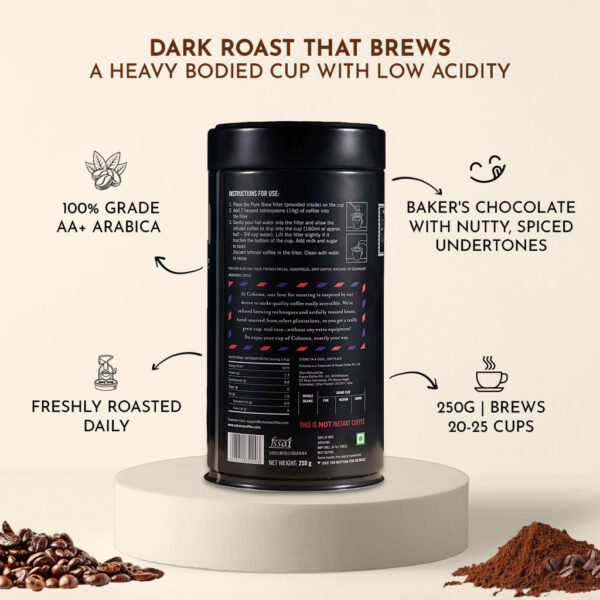 Back view of Cohoma Intense Roasted Coffee can with detailed product information, highlighting AA+ grade Arabica beans and a heavy-bodied cup with low acidity.