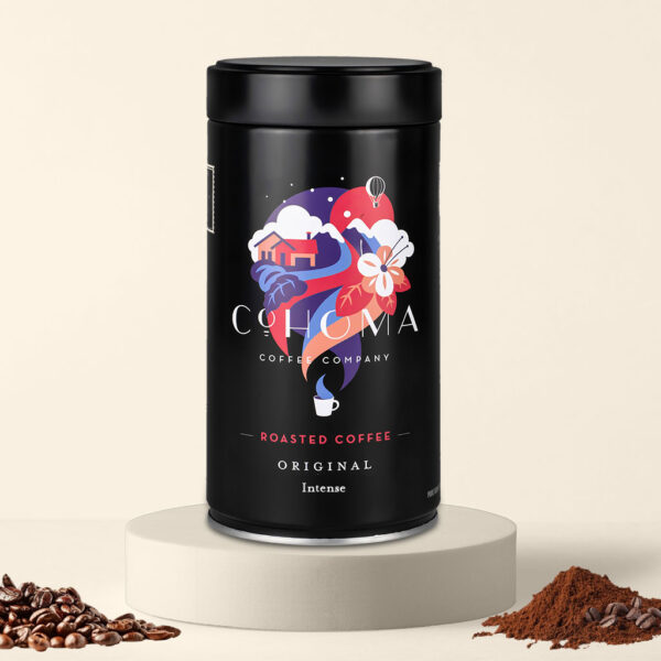 Cohoma Intense Roasted Coffee can front featuring a bold, dark roast blend, packaged in a sleek black container.