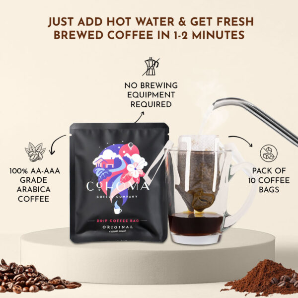 Cohoma Original Custom Roast Drip Coffee Bag with hot water being poured into a cup, illustrating the simple brewing process and aromatic coffee experience.