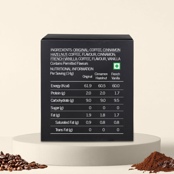 Back of Cohoma Original Custom Roast Drip Coffee Box displaying detailed nutritional information, ingredients, and product specifications.