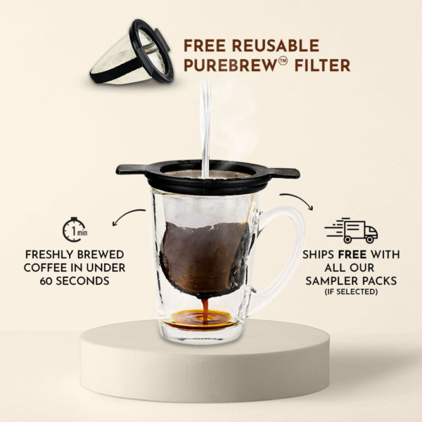 Cohoma Purebrew reusable filter brewing freshly roasted coffee, with quick brewing in under 60 seconds, included with sampler packs.