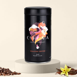 Cohoma French Vanilla roasted coffee can front with aromatic vanilla flavor, premium coffee beans, and vanilla flower.