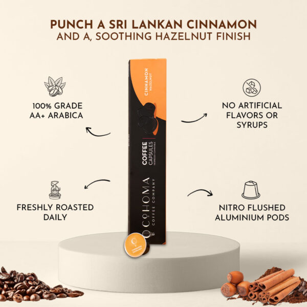 Back of Cohoma Cinnamon Hazelnut Coffee Capsules box highlighting the key features such as 100% grade AA+ Arabica, no artificial flavors, and nitro-flushed aluminum pods.