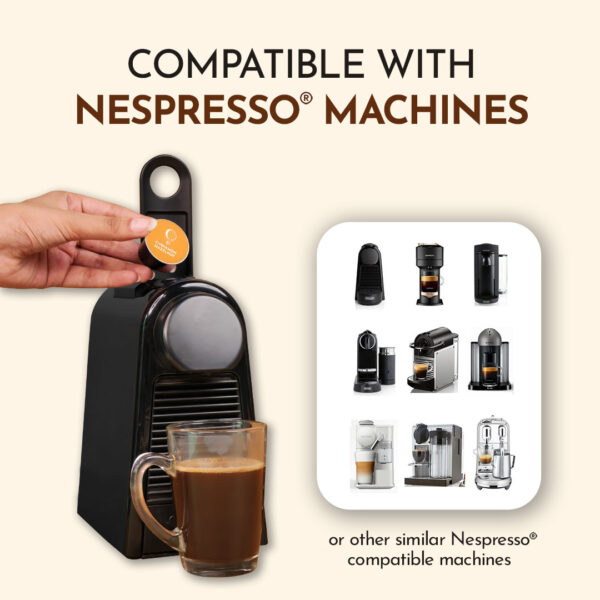 Cohoma Cinnamon Hazelnut Coffee Capsule being inserted into a Nespresso machine, with a visual display of compatible coffee machines.