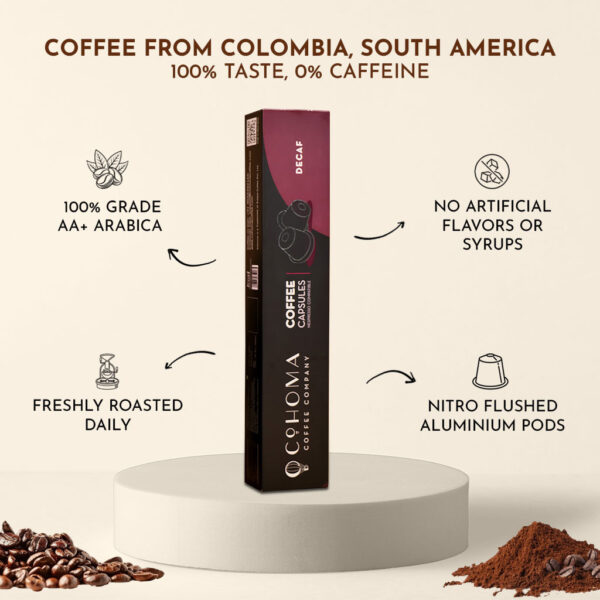 Side view of Cohoma Decaf Coffee Capsules box, emphasizing 100% AA+ grade Arabica beans from Colombia, nitro-flushed aluminum pods, and no artificial flavors or syrups.