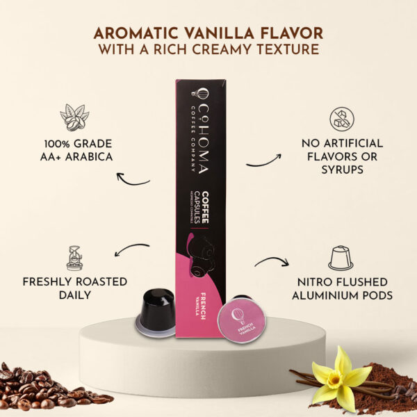 Back view of Cohoma French Vanilla Coffee Capsules box, highlighting aromatic vanilla flavor with a rich creamy texture, featuring 100% grade AA+ Arabica beans and nitro flushed aluminum pods.