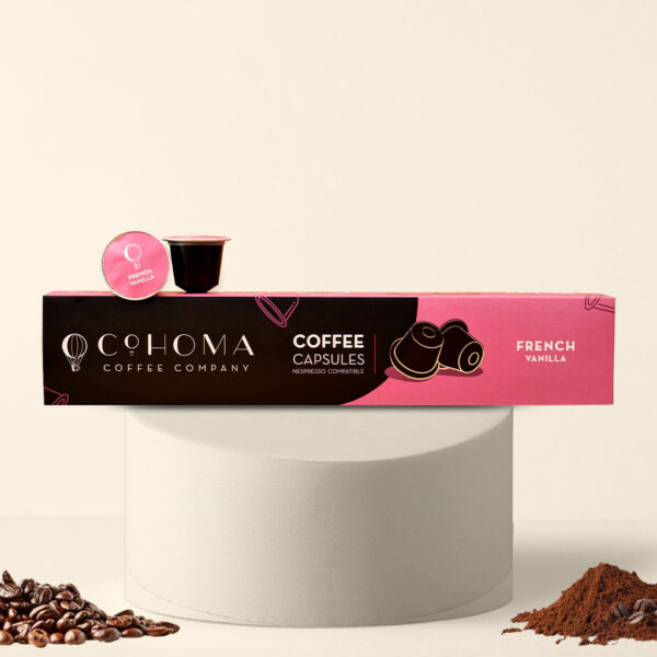 Front view of Cohoma French Vanilla Coffee Capsules box, showcasing the sleek packaging with a vibrant pink design, including a Nespresso-compatible capsule.