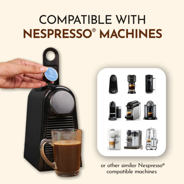 Cohoma Coffee Company’s Original Custom Roast coffee capsule being used in a Nespresso-compatible machine, with various compatible machine models displayed.