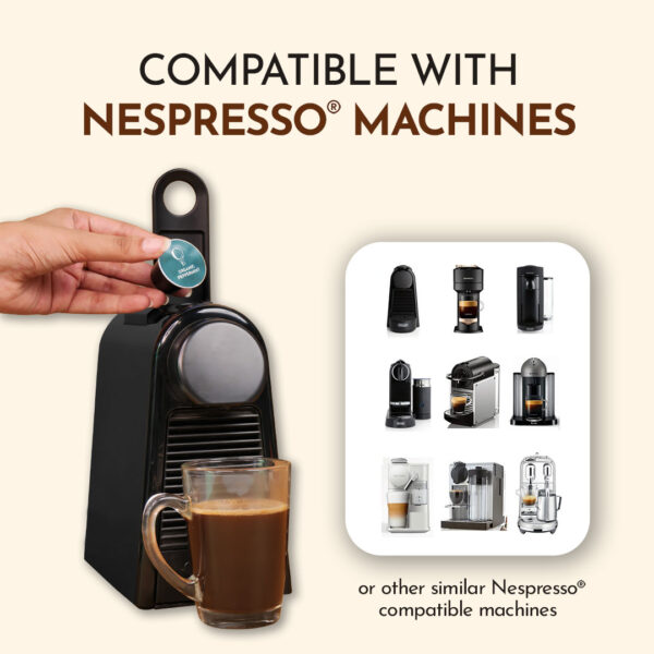 Cohoma Organic Peppermint coffee capsule being inserted into a Nespresso machine, showcasing compatibility with various coffee makers.