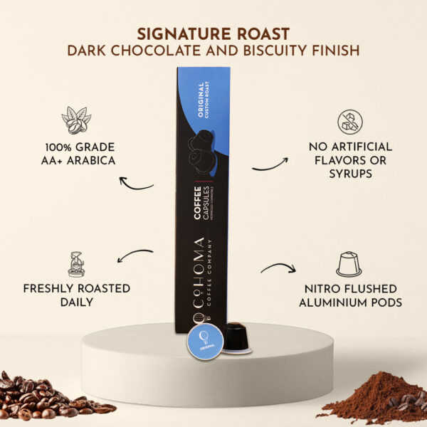 Back view of Cohoma Coffee’s Original Custom Roast coffee capsules box, highlighting features like 100% AA+ Arabica beans, dark chocolate, and biscuity finish.