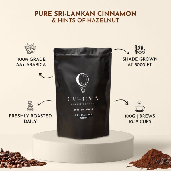 Front view of three Cohoma Roasted Coffee pouches featuring Cinnamon Hazelnut, Organic Peppermint, and French Vanilla flavors, neatly displayed with fresh ingredients around.