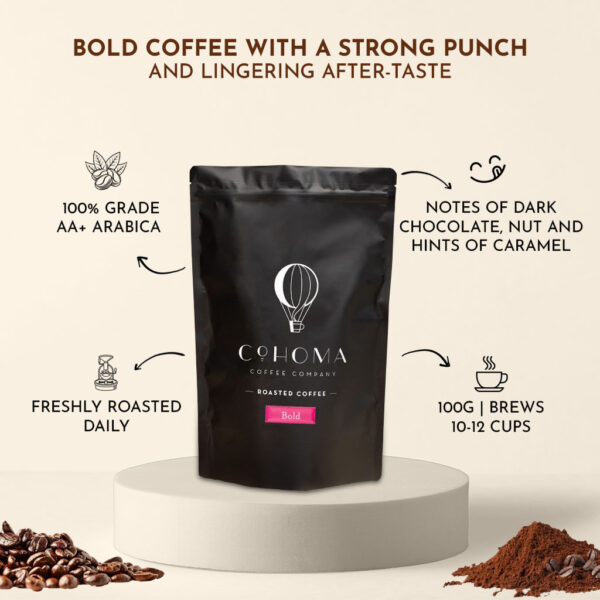 Front view of Cohoma Coffee Bold Roast pack with detailed information about AA+ grade Arabica beans, offering notes of dark chocolate, nut, and hints of caramel.