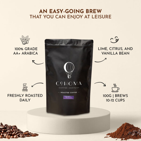 Front view of Cohoma Coffee Mellow Roast pack with detailed information highlighting its easy-going brew, featuring lime, citrus, and vanilla bean notes.