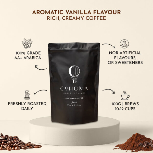 Cohoma French Vanilla Roasted Coffee pouch front with detailed product information, highlighting its rich, creamy coffee with aromatic vanilla flavor, made from 100% grade AA+ Arabica beans.