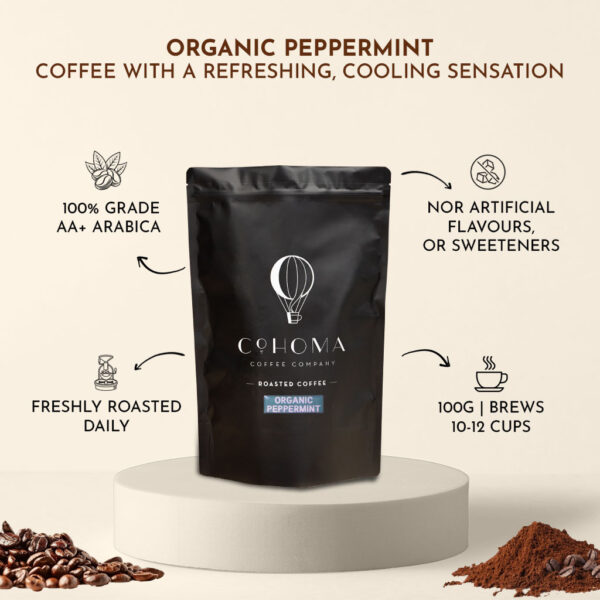 Cohoma Organic Peppermint Roasted Coffee pouch front with detailed product information, emphasizing a refreshing cooling sensation and the use of 100% grade AA+ Arabica beans.