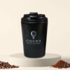 Cohoma Coffee Flavor Rover hot tumbler product image, displayed on a minimalist podium with coffee beans and ground coffee