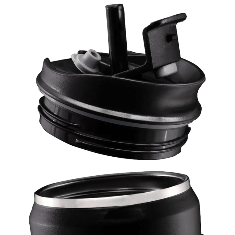 Close-up of a spill-proof lockable lid for a Cohoma Coffee hot tumblr with a black and silver design