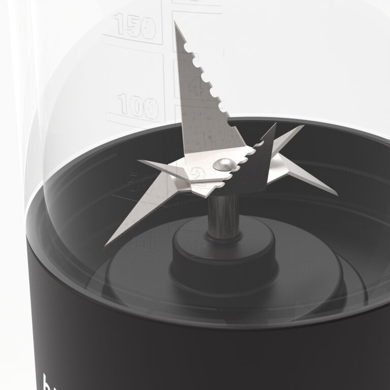 Close-up of BlendJet 2 blender’s 6-point stainless steel blades, designed for efficient blending and smooth results, displayed in a sleek black base