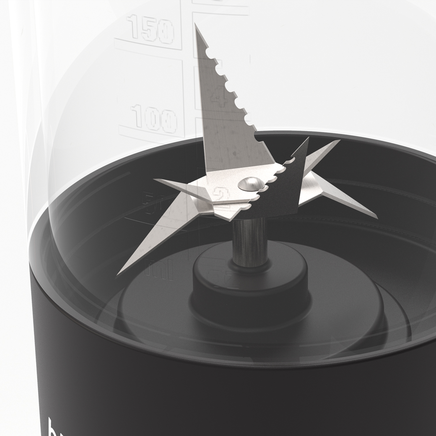 Close-up of BlendJet 2 blender’s 6-point stainless steel blades, designed for efficient blending and smooth results, displayed in a sleek black base