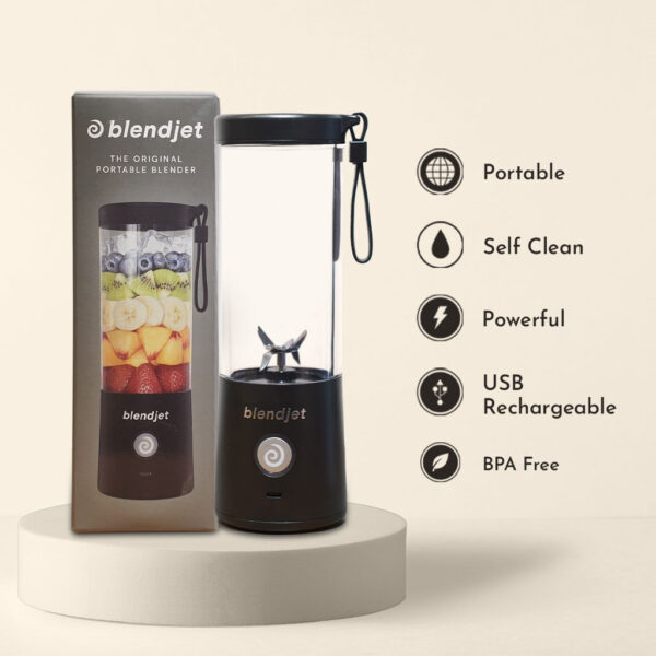 BlendJet portable blender with its box showcasing features like portability, self-clean, powerful motor, USB rechargeable, and BPA free.